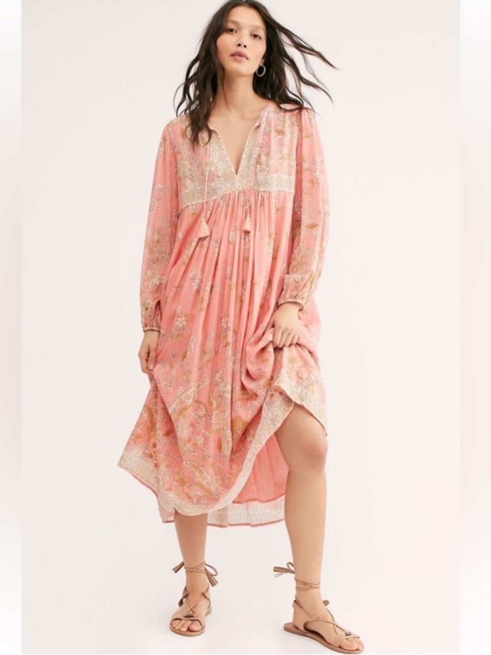 Spell and the Gypsy from Free People Coral Pink Floral V-Neck Midi Dress